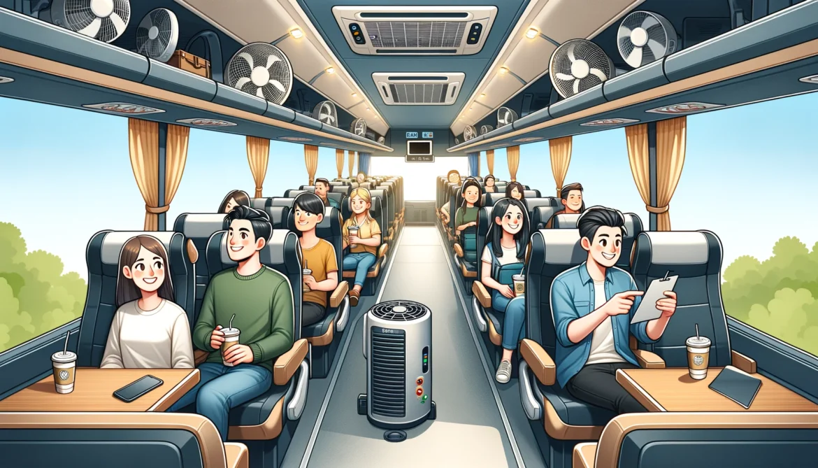 DALL·E-2024-06-05-17.20.59-An-interior-view-of-a-Punctual-Express-bus-showing-spacious-comfortable-seating-air-conditioning-vents-and-an-entertainment-system.-Passengers-are-.webp.webp